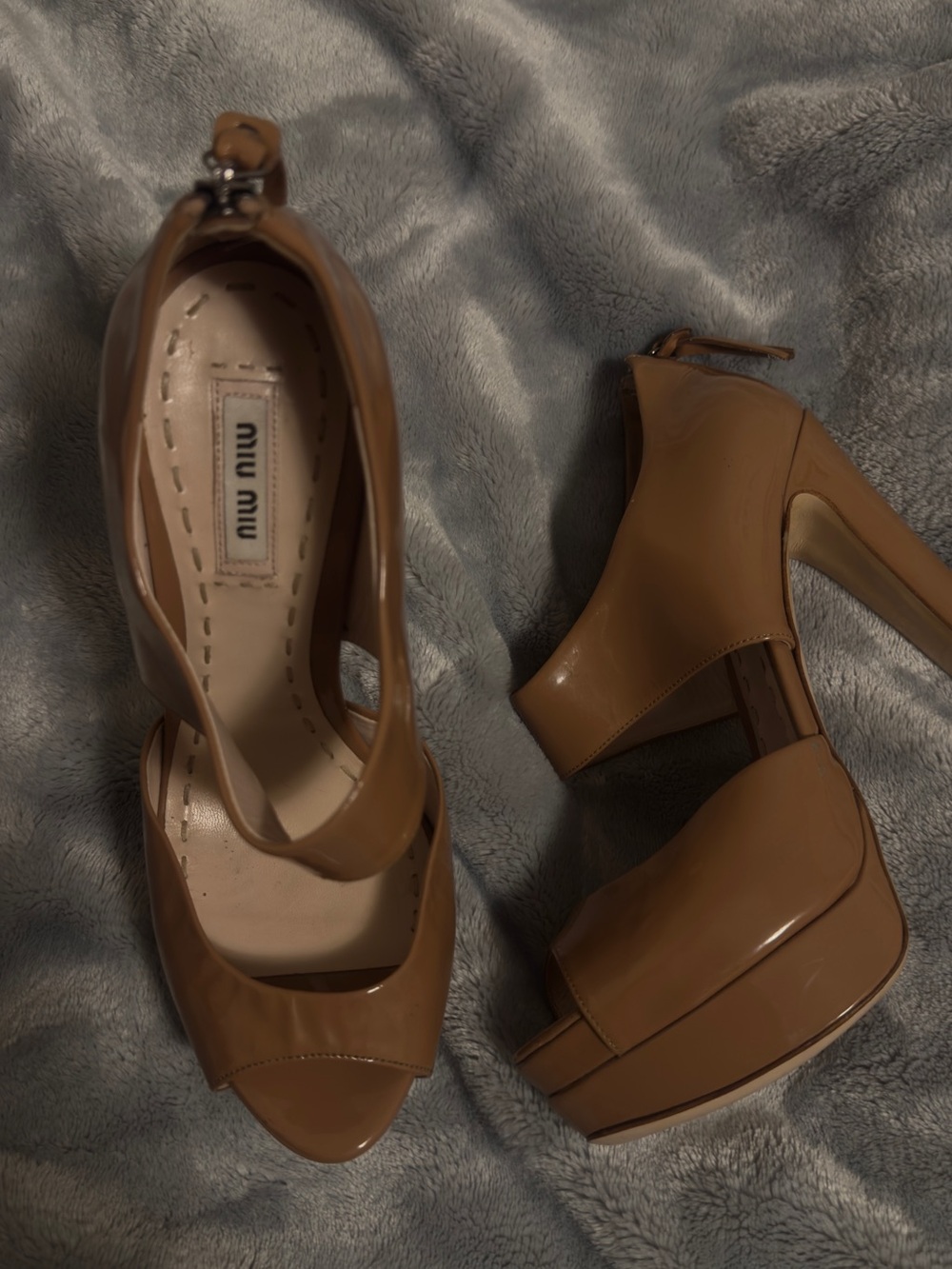 Miu Miu Camel Brown Platform Peep-Toe Heels with Ankle Strap